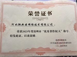 河北驰业云网络技术有限公司被评选为优秀著作权人”荣誉称号